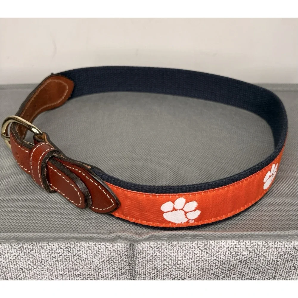 CLEMSON TIGERS Canvas Leather Belt Orange Solid Brass Buckle Boys Size 22‎ L 30